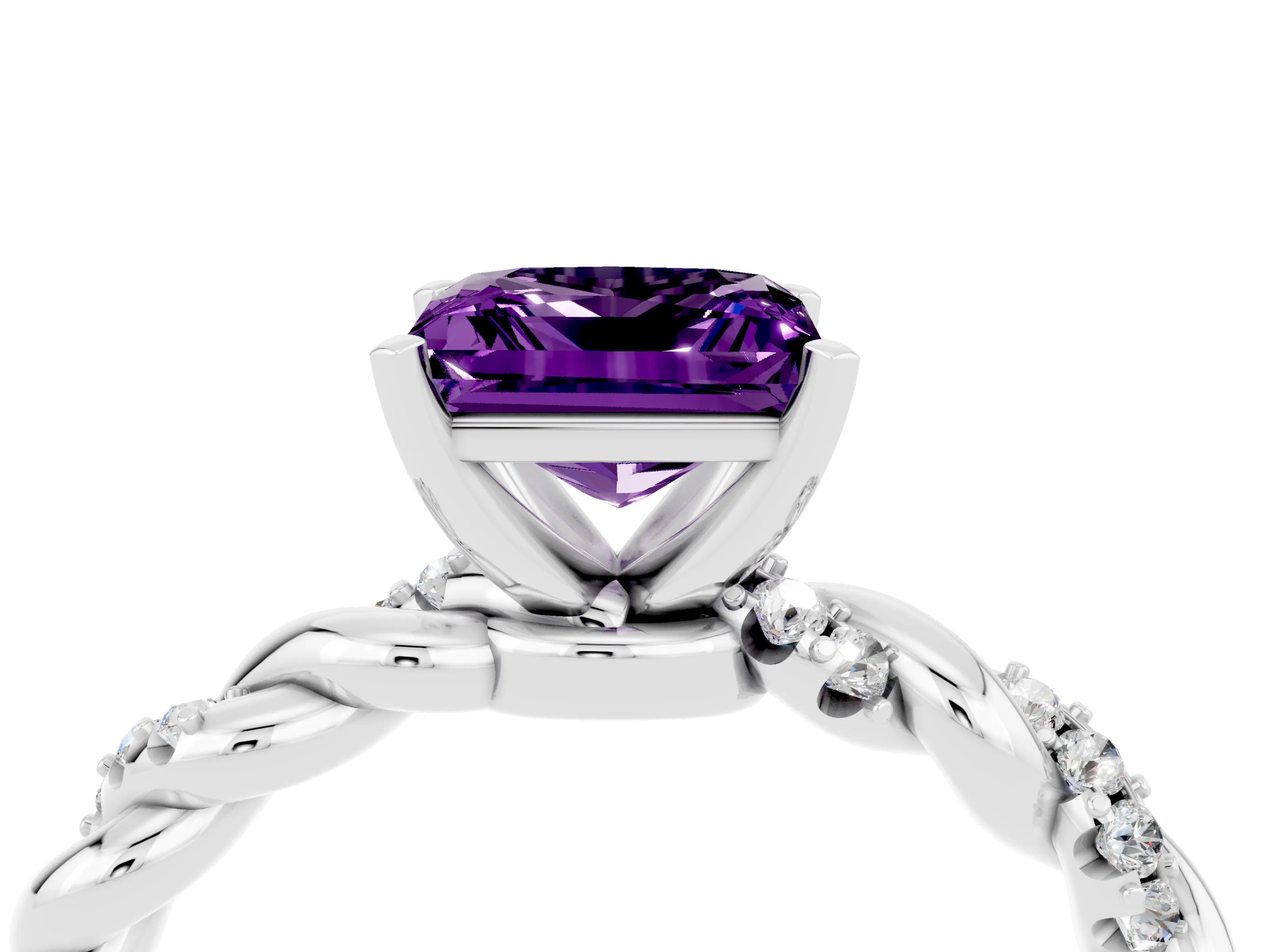 White gold Princess Cut Amethyst Solitaire Ring with Twisted Band and Pavé Accents_4