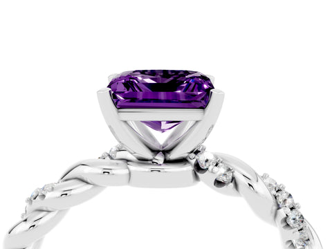 White gold Princess Cut Amethyst Solitaire Ring with Twisted Band and Pavé Accents_4