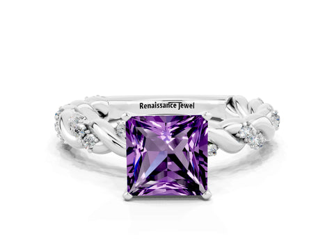 White gold Princess Cut Amethyst Solitaire Ring with Twisted Band and Pavé Accents