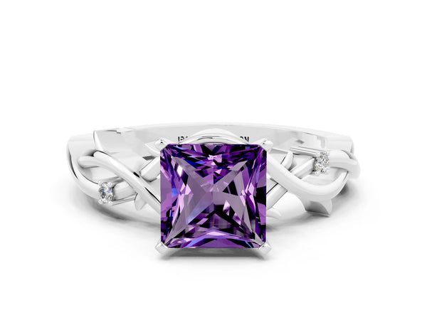 Silver Princess Cut Amethyst Solitaire Ring with Twisted Band and Prong Setting