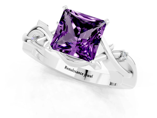Silver Princess Cut Amethyst Solitaire Ring with Twisted Band and Prong Setting