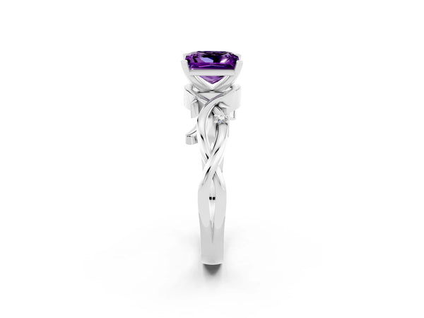 Platinum Princess Cut Amethyst Solitaire Ring with Twisted Band and Prong Setting