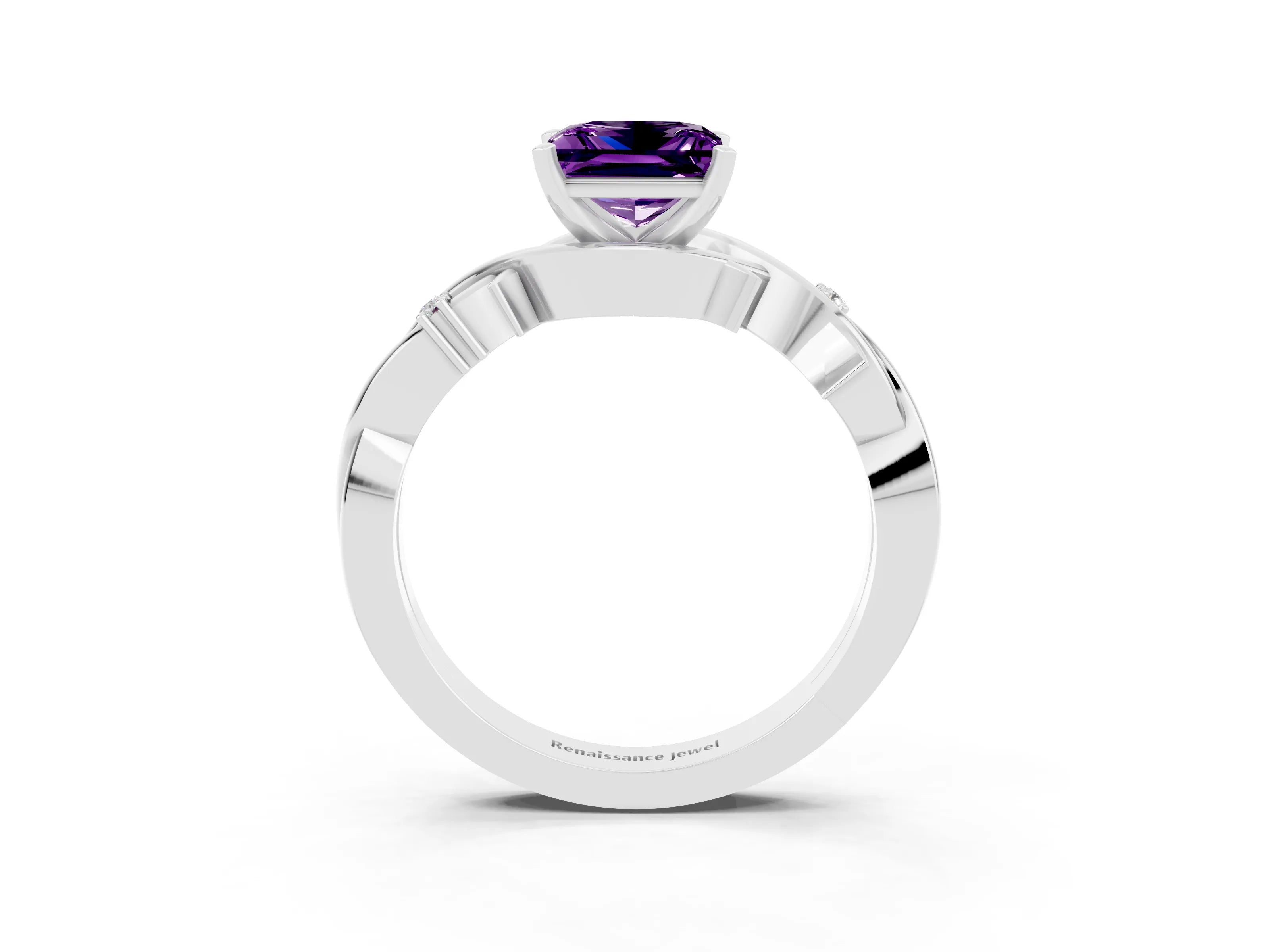 White gold Princess Cut Amethyst Solitaire Ring with Twisted Band and Prong Setting_3