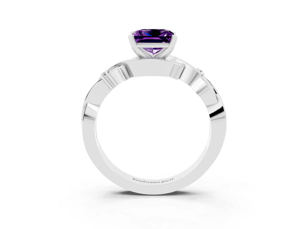 Silver Princess Cut Amethyst Solitaire Ring with Twisted Band and Prong Setting