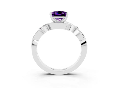 White gold Princess Cut Amethyst Solitaire Ring with Twisted Band and Prong Setting_3