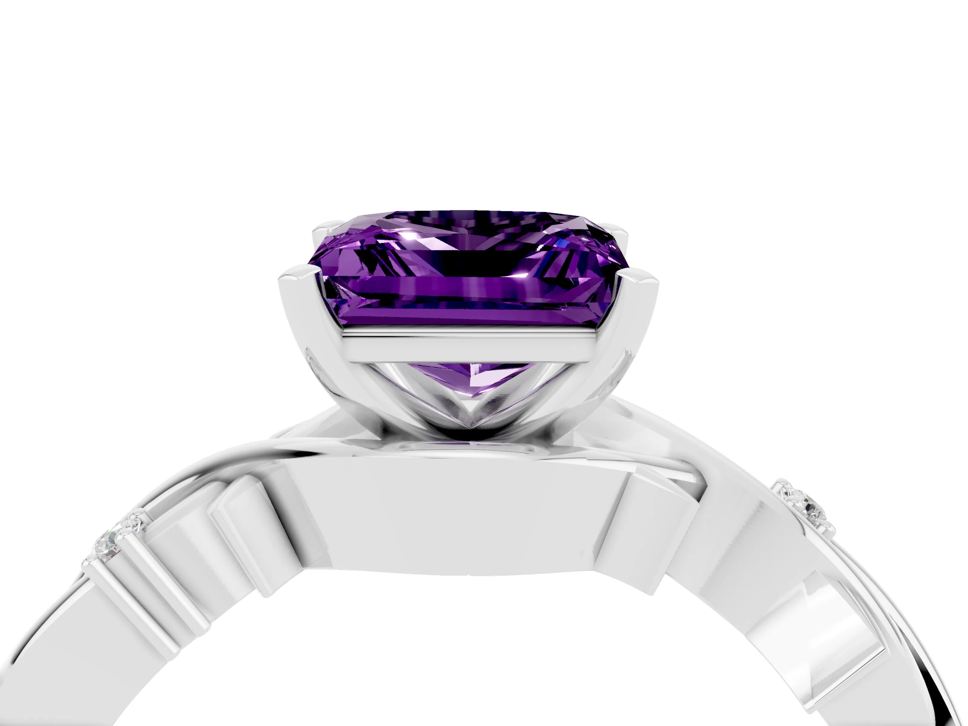 White gold Princess Cut Amethyst Solitaire Ring with Twisted Band and Prong Setting_4