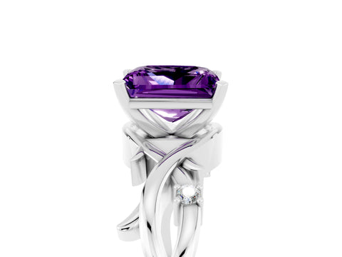 White gold Princess Cut Amethyst Solitaire Ring with Twisted Band and Prong Setting_5