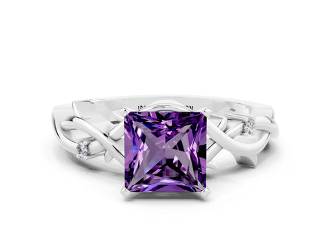 White gold Princess Cut Amethyst Solitaire Ring with Twisted Band and Prong Setting