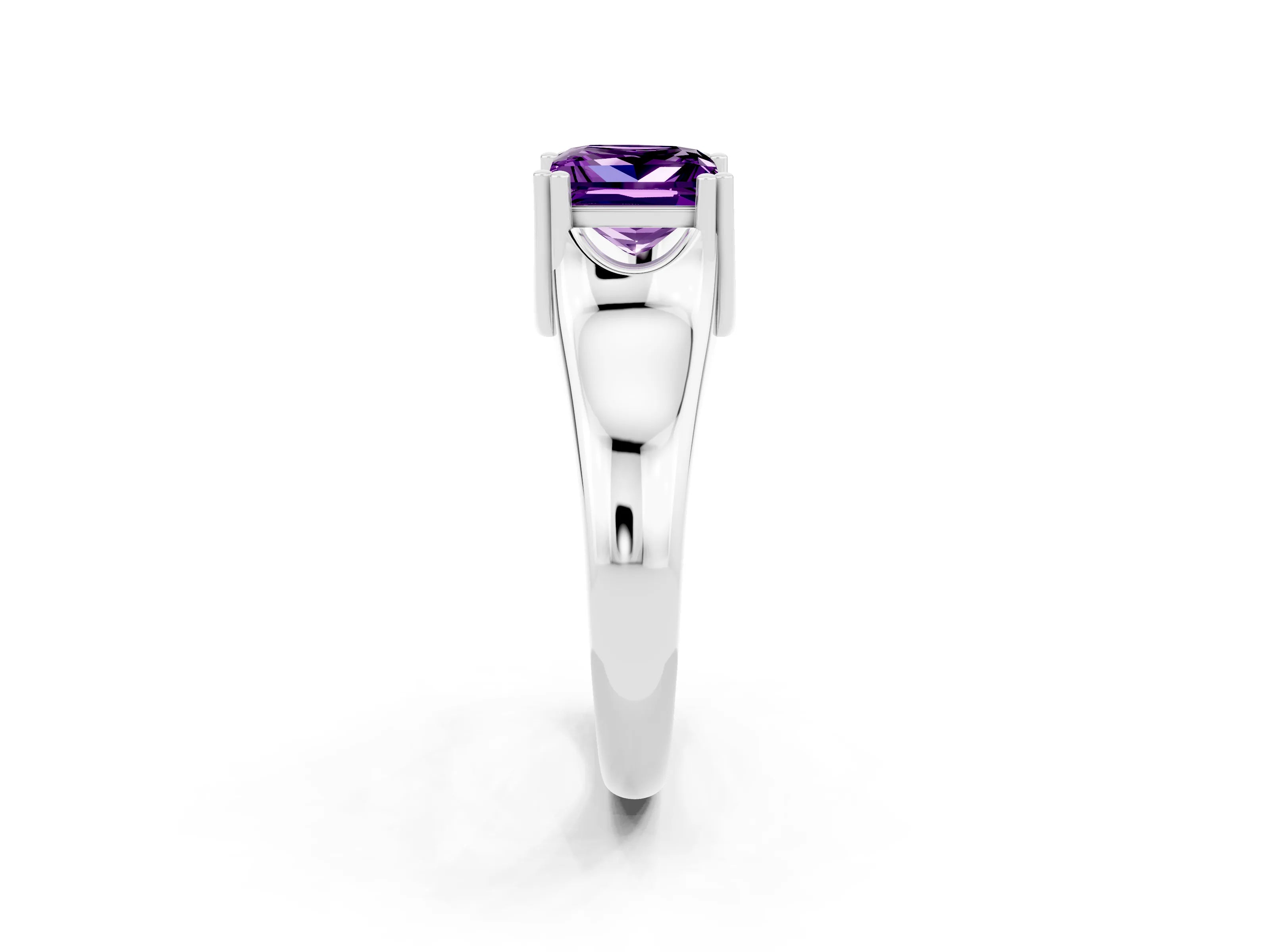White gold Princess Cut Amethyst Solitaire Ring with Wide Band and Prong Setting_2