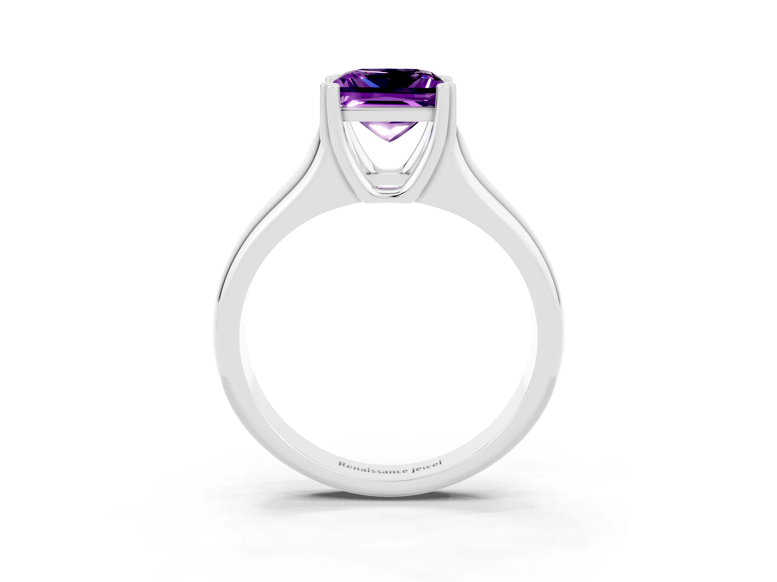 White gold Princess Cut Amethyst Solitaire Ring with Wide Band and Prong Setting_3