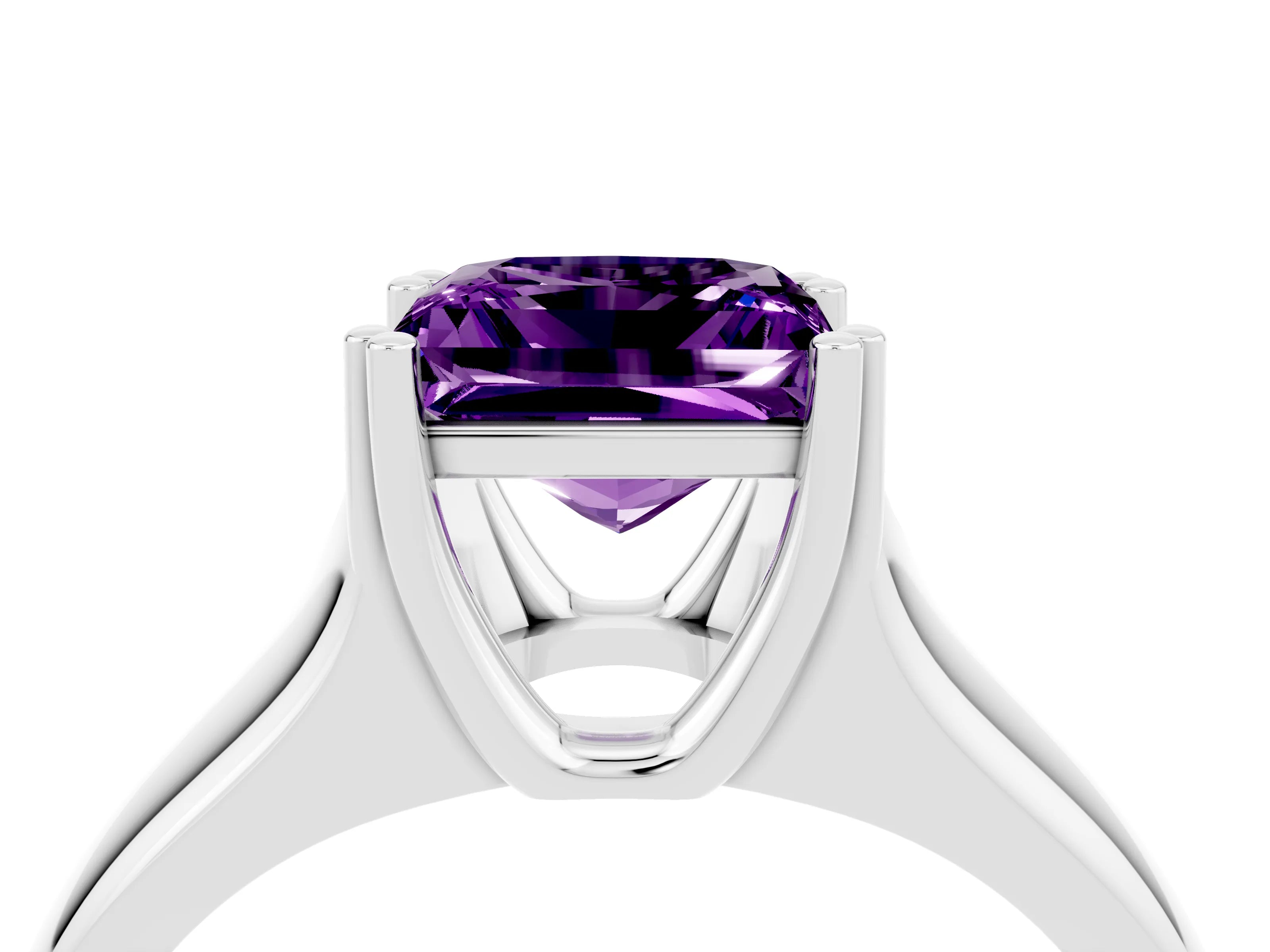 White gold Princess Cut Amethyst Solitaire Ring with Wide Band and Prong Setting_4