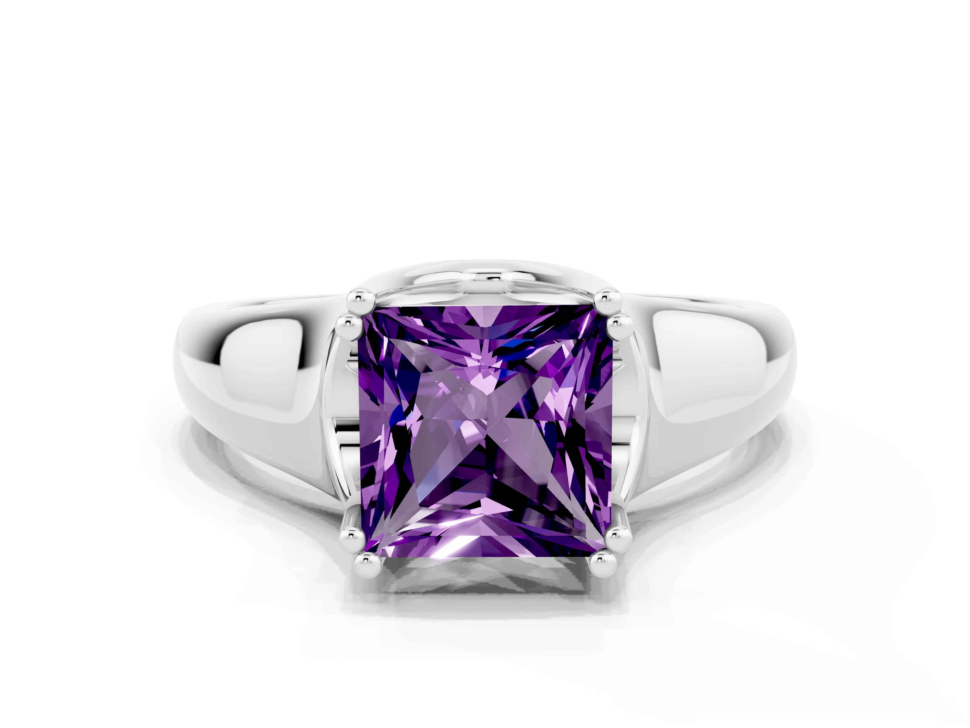 White gold Princess Cut Amethyst Solitaire Ring with Wide Band and Prong Setting