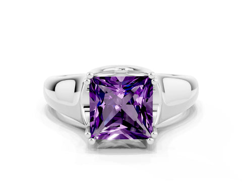 White gold Princess Cut Amethyst Solitaire Ring with Wide Band and Prong Setting
