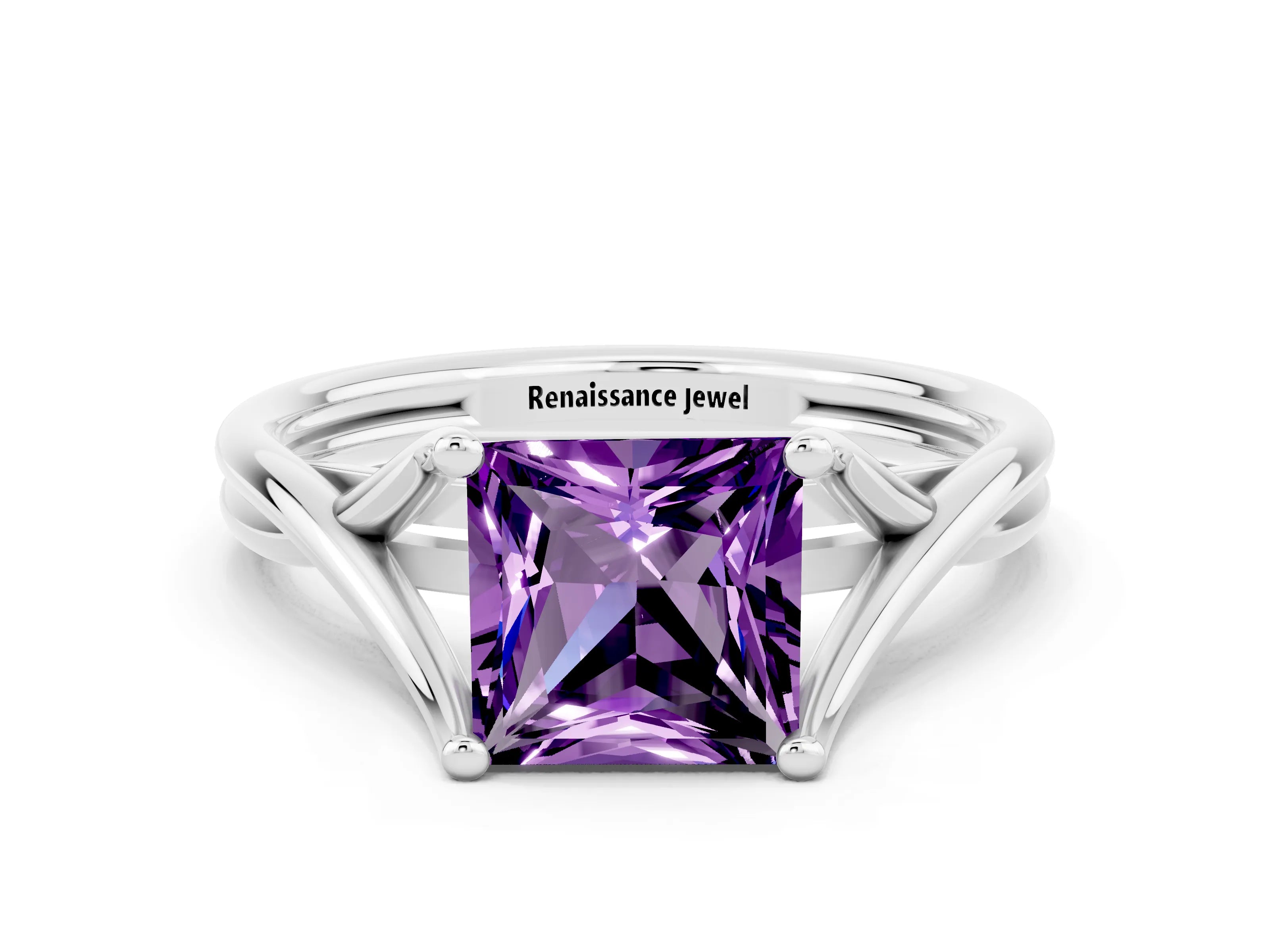 White gold Princess Cut Amethyst Solitaire Twist Band Prong Setting Ring_36