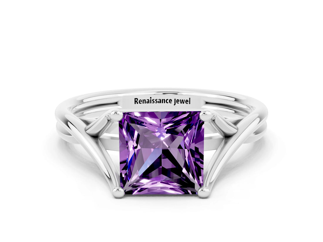 White gold Princess Cut Amethyst Solitaire Twist Band Prong Setting Ring_36