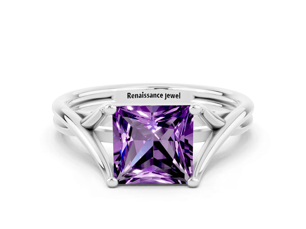 White gold Princess Cut Amethyst Solitaire Twist Band Prong Setting Ring