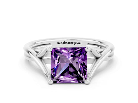 White gold Princess Cut Amethyst Solitaire Twist Band Prong Setting Ring_36