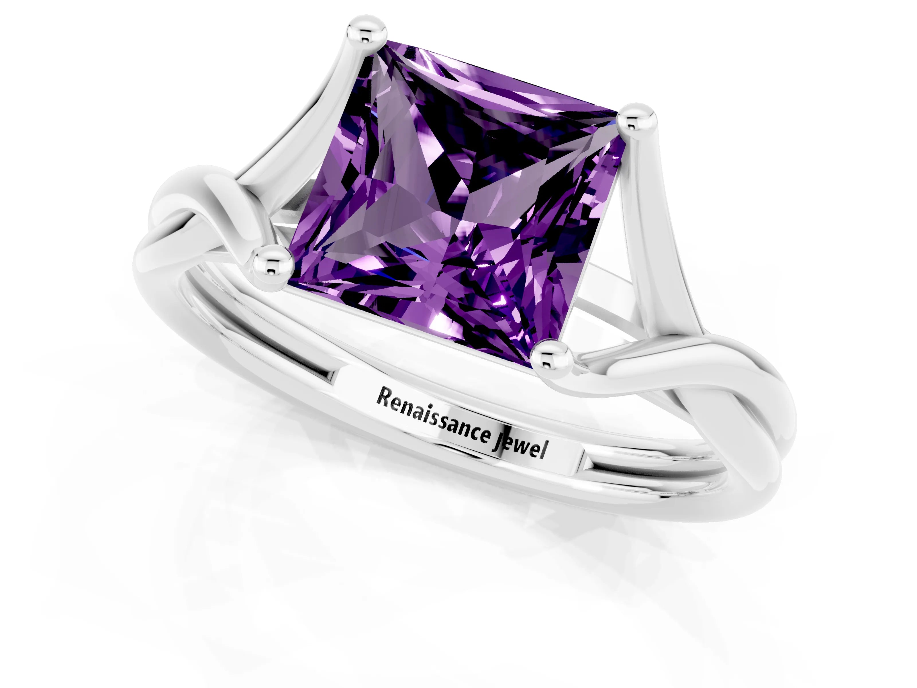 White gold Princess Cut Amethyst Solitaire Twist Band Prong Setting Ring_37