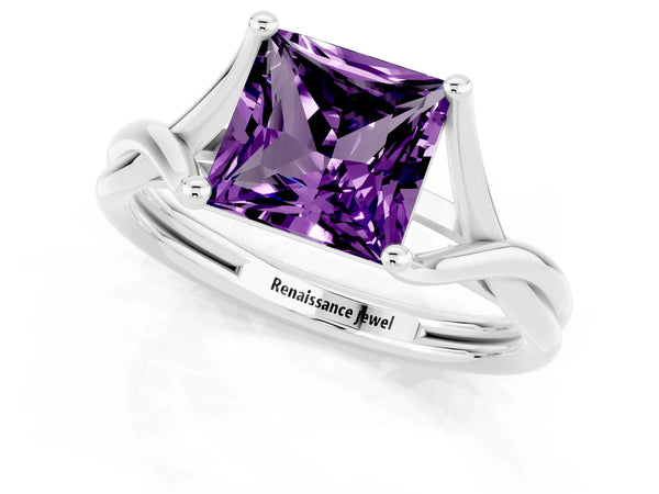 White gold Princess Cut Amethyst Solitaire Twist Band Prong Setting Ring