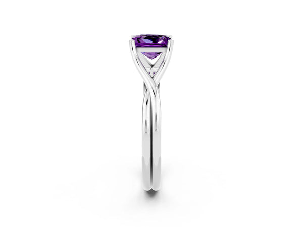 Silver Princess Cut Amethyst Solitaire Twist Band Prong Setting Ring