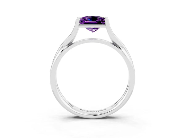 Silver Princess Cut Amethyst Solitaire Twist Band Prong Setting Ring