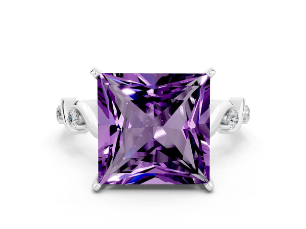 Platinum Princess Cut Amethyst Solitaire Twisted Band with Round  Accents and Prong Setting