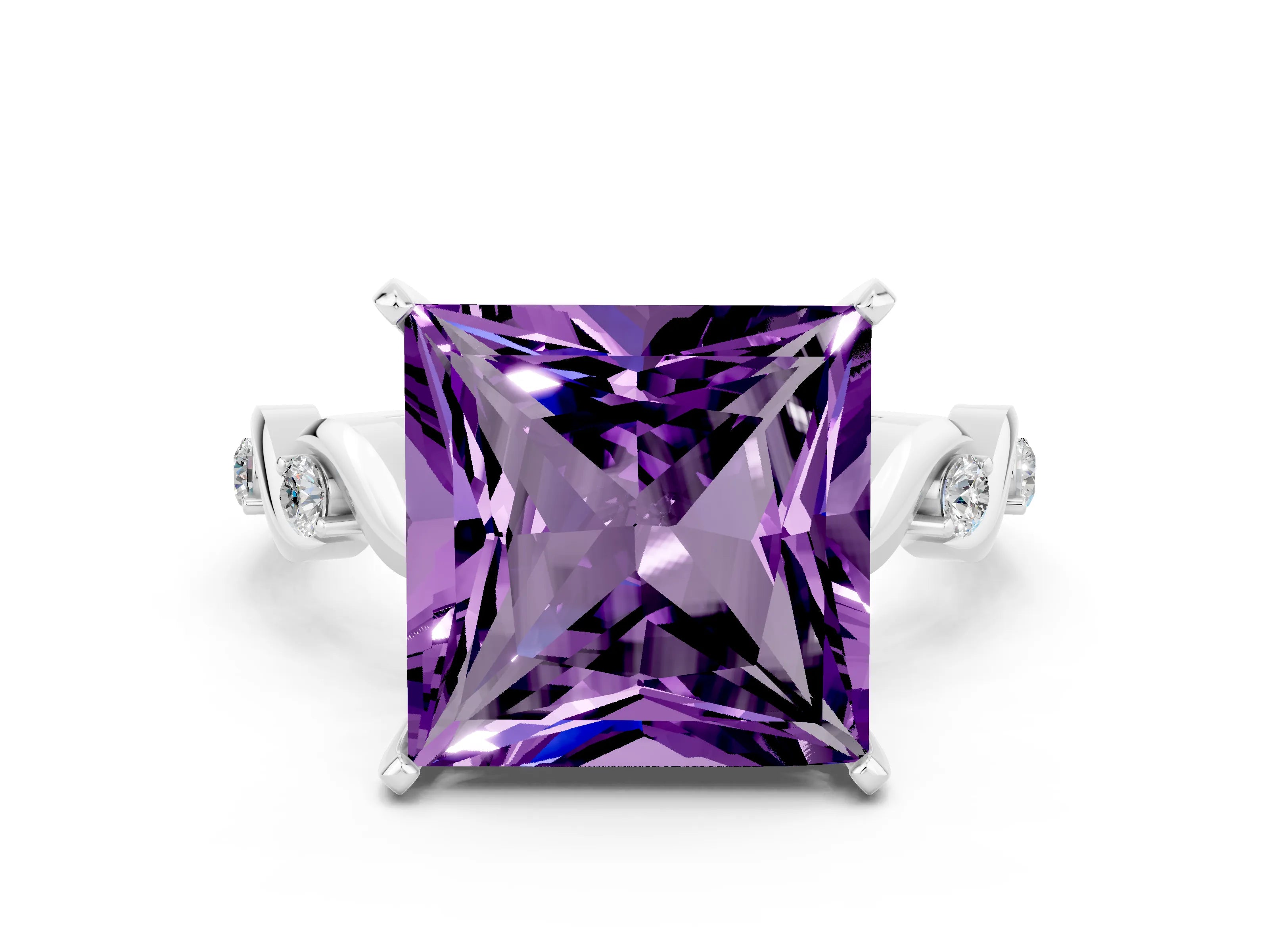 White gold Princess Cut Amethyst Solitaire Twisted Band with Round  Accents and Prong Setting_12
