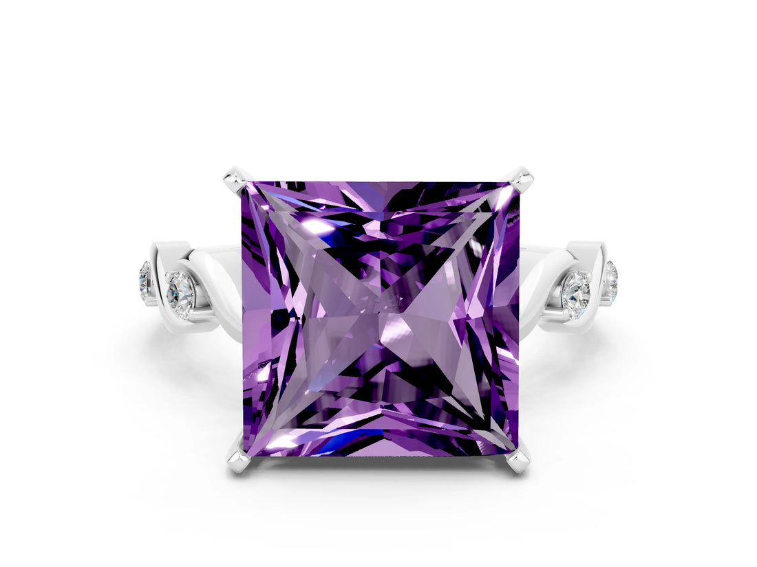 White gold Princess Cut Amethyst Solitaire Twisted Band with Round  Accents and Prong Setting_12