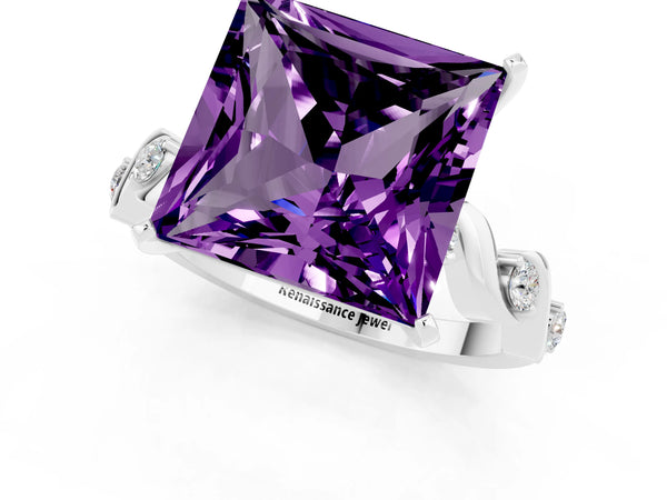Platinum Princess Cut Amethyst Solitaire Twisted Band with Round  Accents and Prong Setting