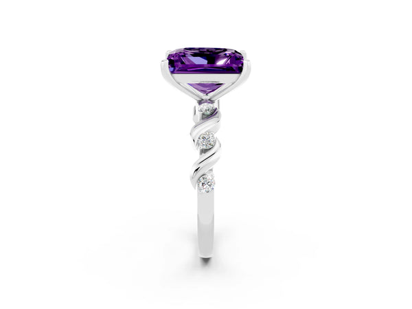 Platinum Princess Cut Amethyst Solitaire Twisted Band with Round  Accents and Prong Setting