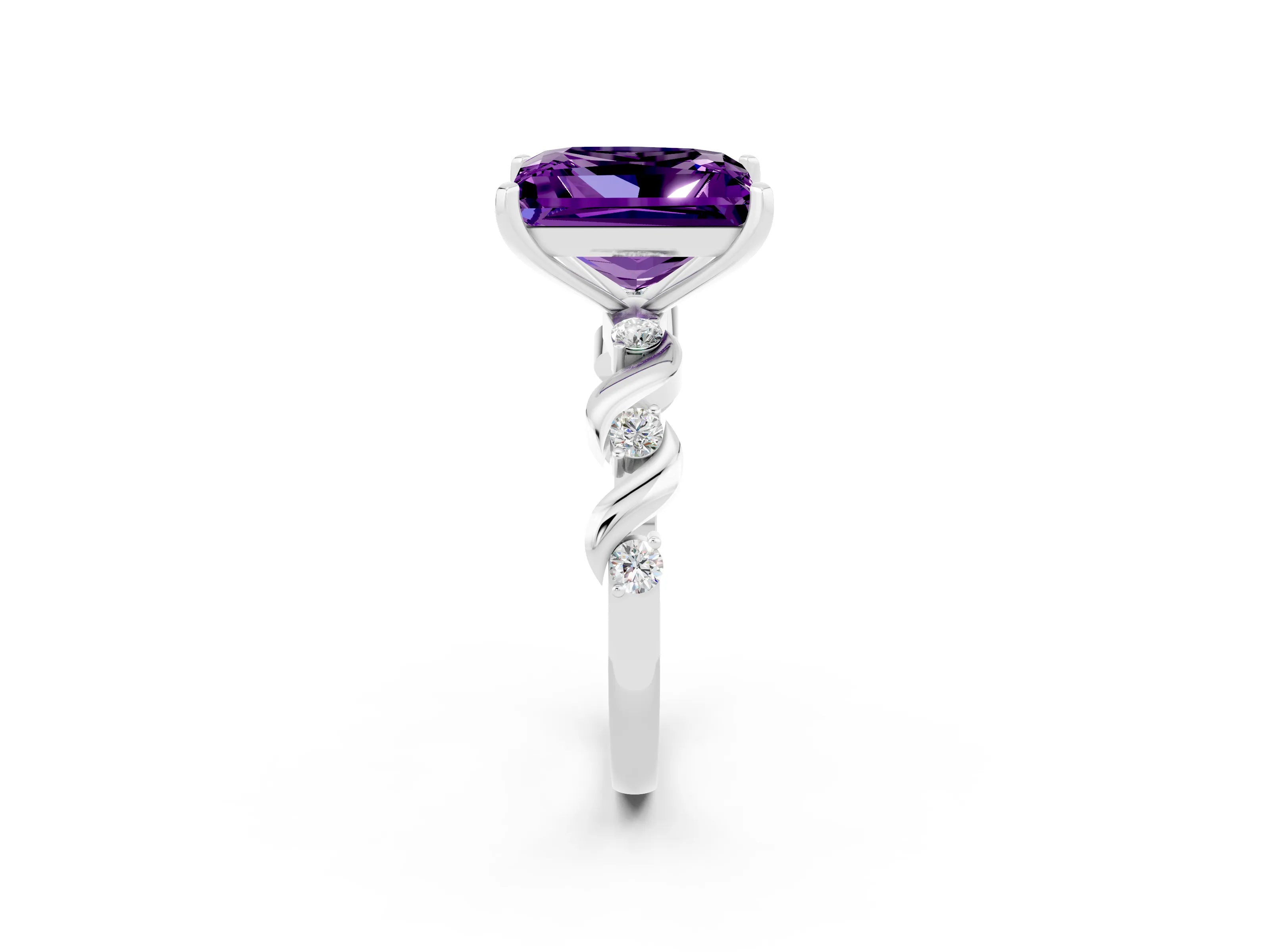 White gold Princess Cut Amethyst Solitaire Twisted Band with Round  Accents and Prong Setting_14