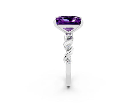 White gold Princess Cut Amethyst Solitaire Twisted Band with Round  Accents and Prong Setting_14
