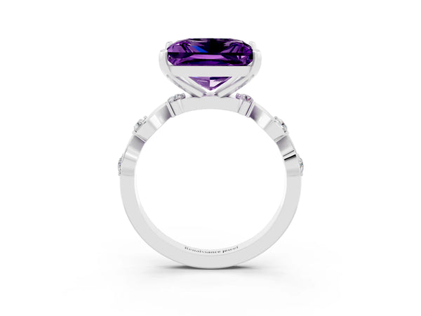 Silver Princess Cut Amethyst Solitaire Twisted Band with Round  Accents and Prong Setting