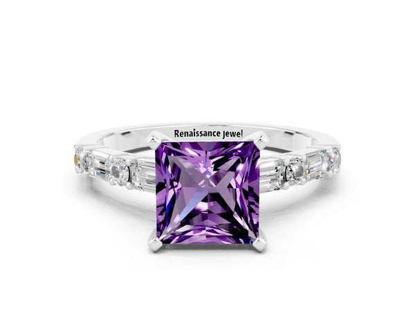 Platinum Princess Cut Amethyst Solitaire with Side Baguettes and Channel Set Band