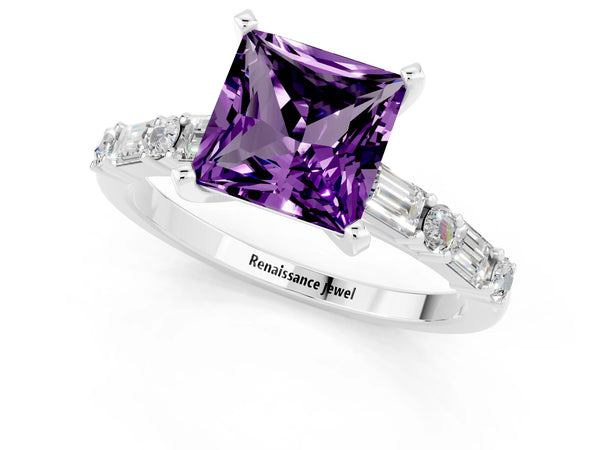 Platinum Princess Cut Amethyst Solitaire with Side Baguettes and Channel Set Band