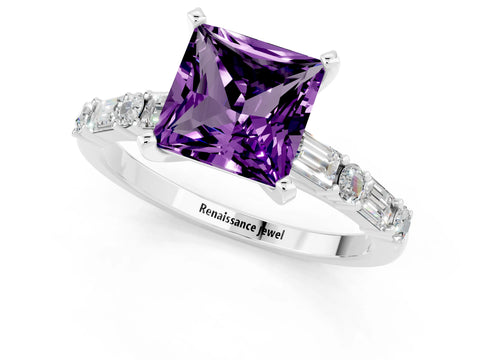 White gold Princess Cut Amethyst Solitaire with Side Baguettes and Channel Set Band_1