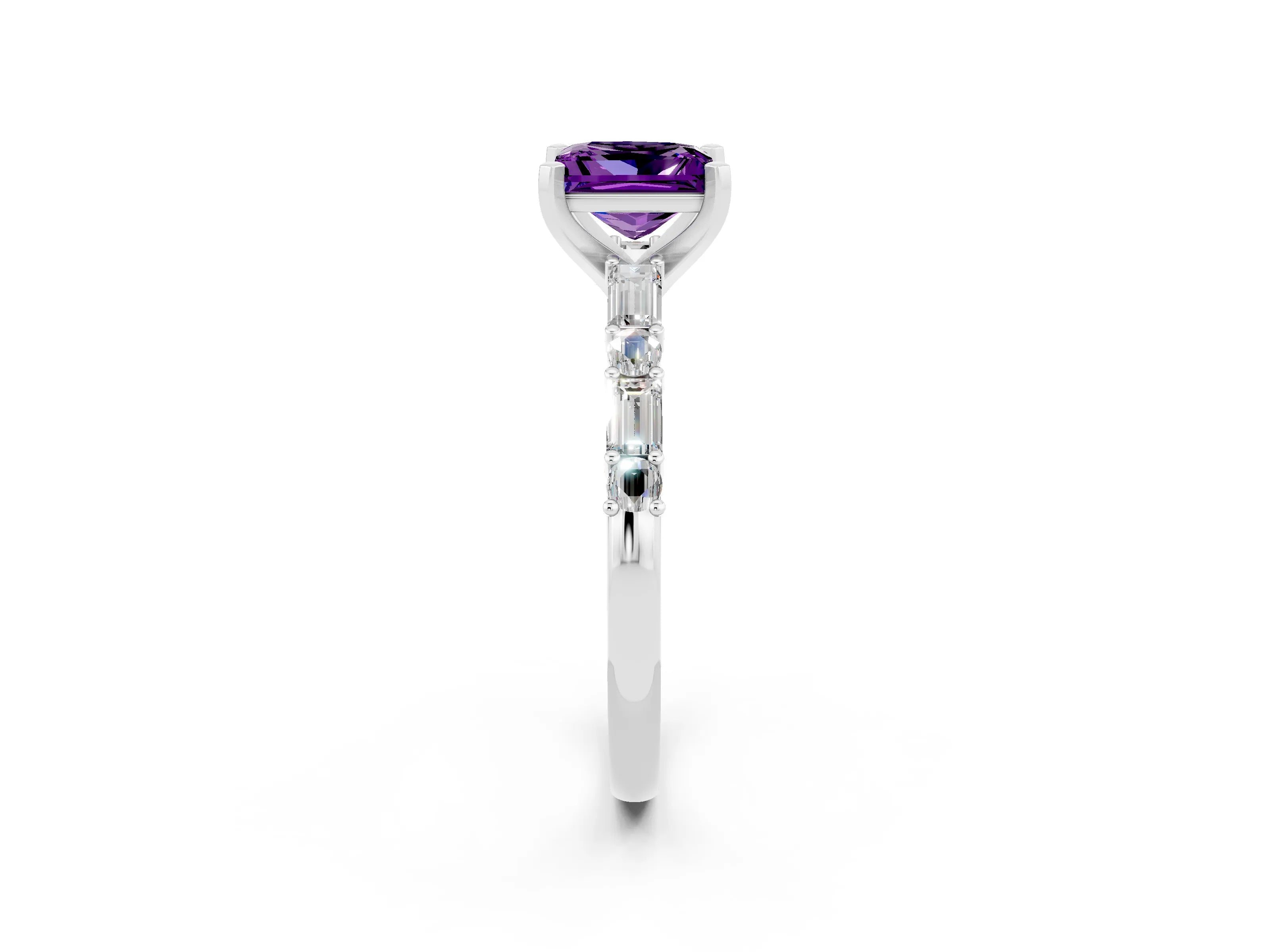 White gold Princess Cut Amethyst Solitaire with Side Baguettes and Channel Set Band_2