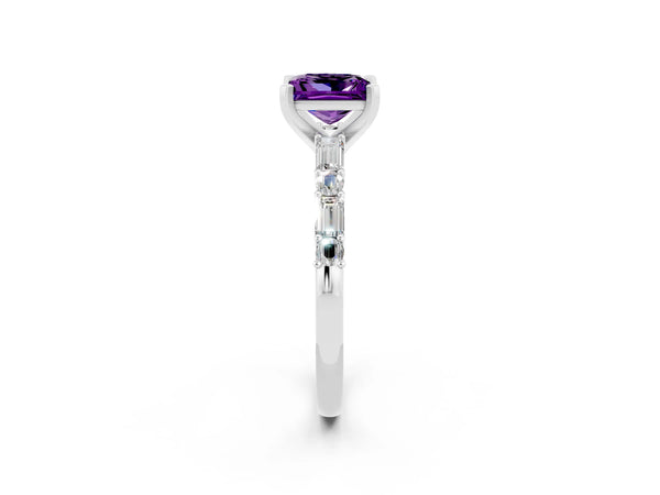 White gold Princess Cut Amethyst Solitaire with Side Baguettes and Channel Set Band