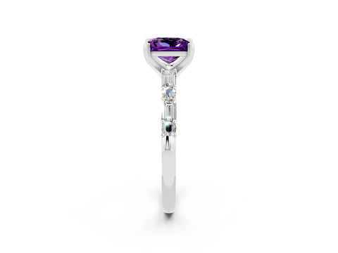 White gold Princess Cut Amethyst Solitaire with Side Baguettes and Channel Set Band_2