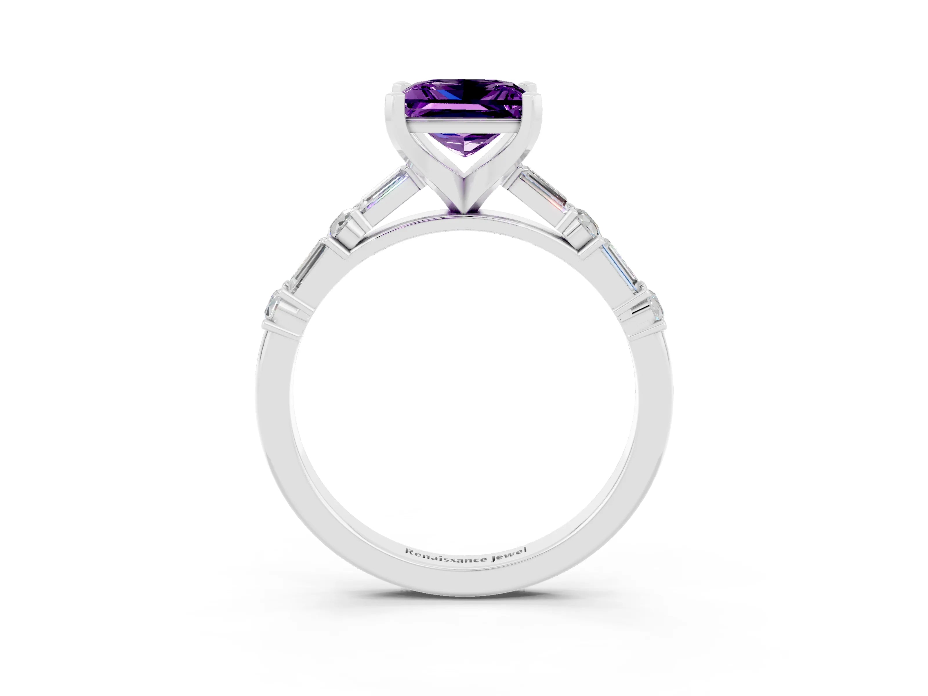 White gold Princess Cut Amethyst Solitaire with Side Baguettes and Channel Set Band_3