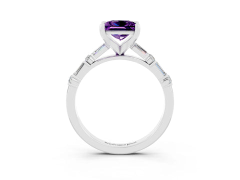 White gold Princess Cut Amethyst Solitaire with Side Baguettes and Channel Set Band_3