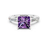 White gold Princess Cut Amethyst Solitaire with Side Baguettes and Channel Set Band