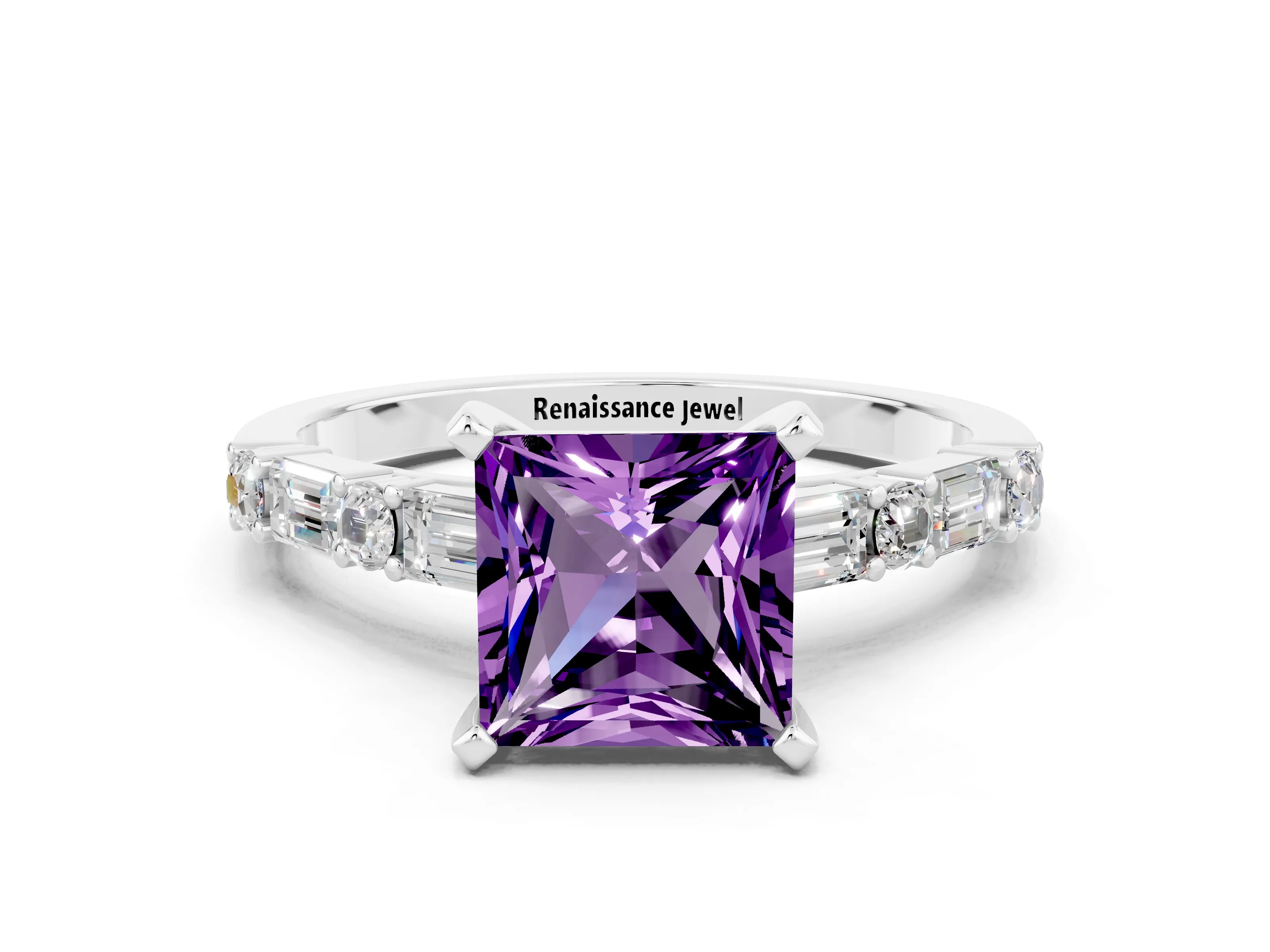 White gold Princess Cut Amethyst Solitaire with Side Baguettes and Channel Set Band