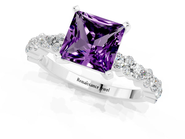 White gold Princess Cut Amethyst Side Stone Solitaire Ring with Round  and Four-Prong Setting