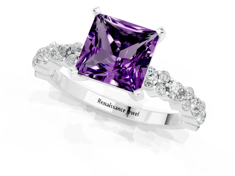 White gold Princess Cut Amethyst Solitaire with Side Stones, Pave Band, Four-Prong Setting_37