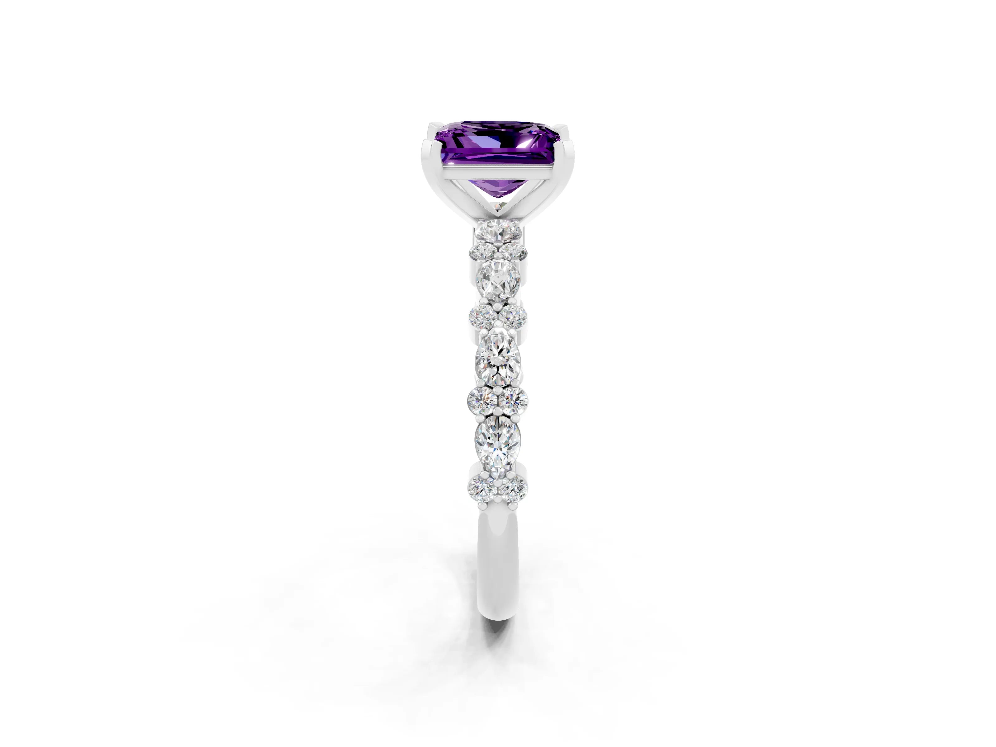 White gold Princess Cut Amethyst Solitaire with Side Stones, Pave Band, Four-Prong Setting_38