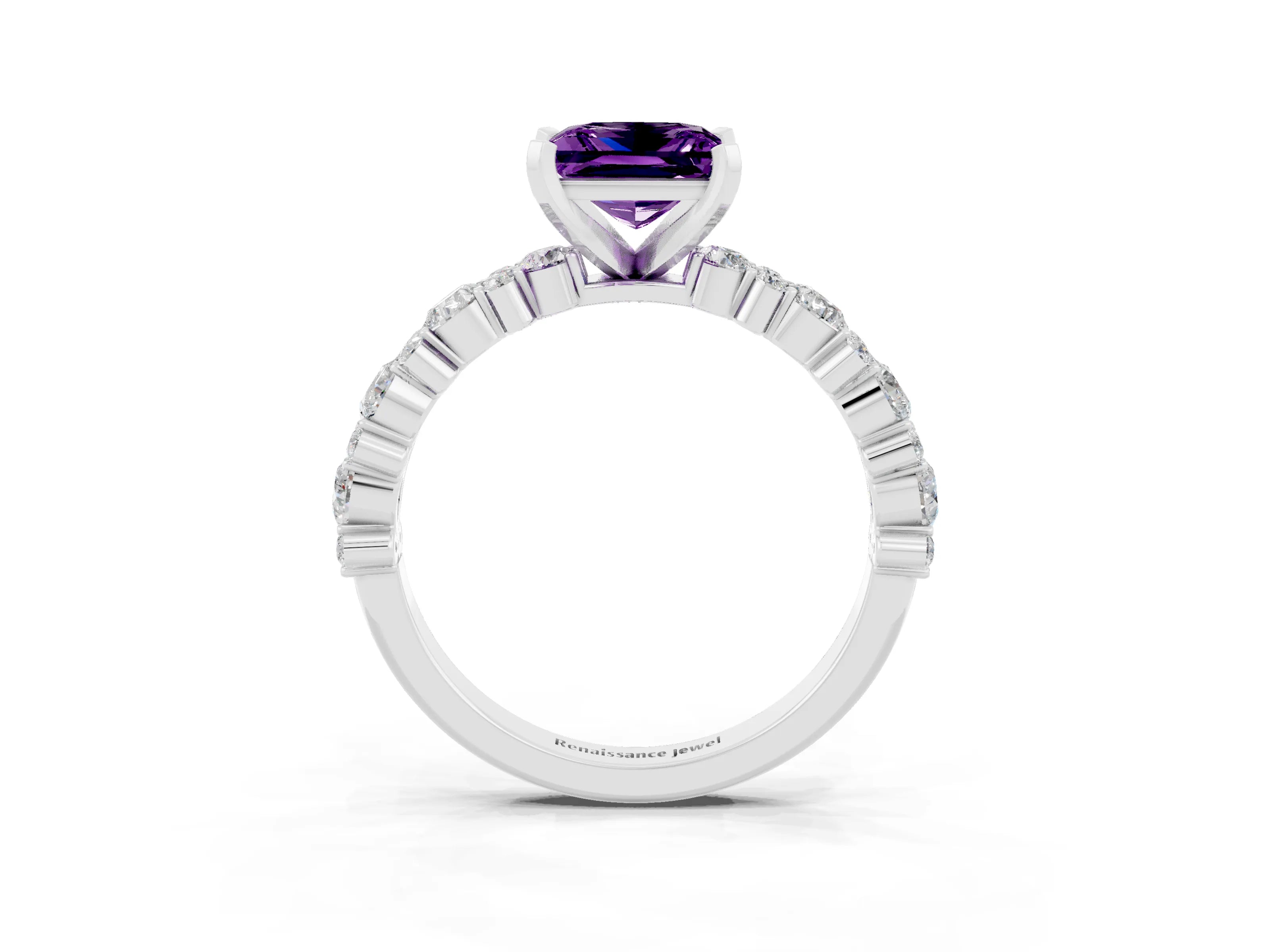 White gold Princess Cut Amethyst Solitaire with Side Stones, Pave Band, Four-Prong Setting_39