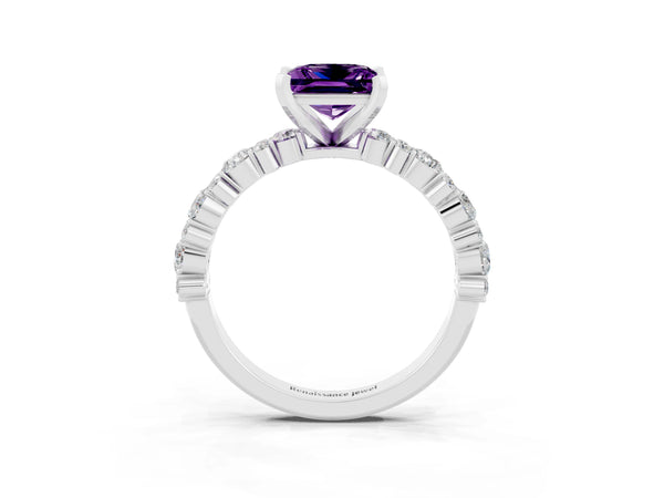 Silver Princess Cut Amethyst Side Stone Solitaire Ring with Round  and Four-Prong Setting