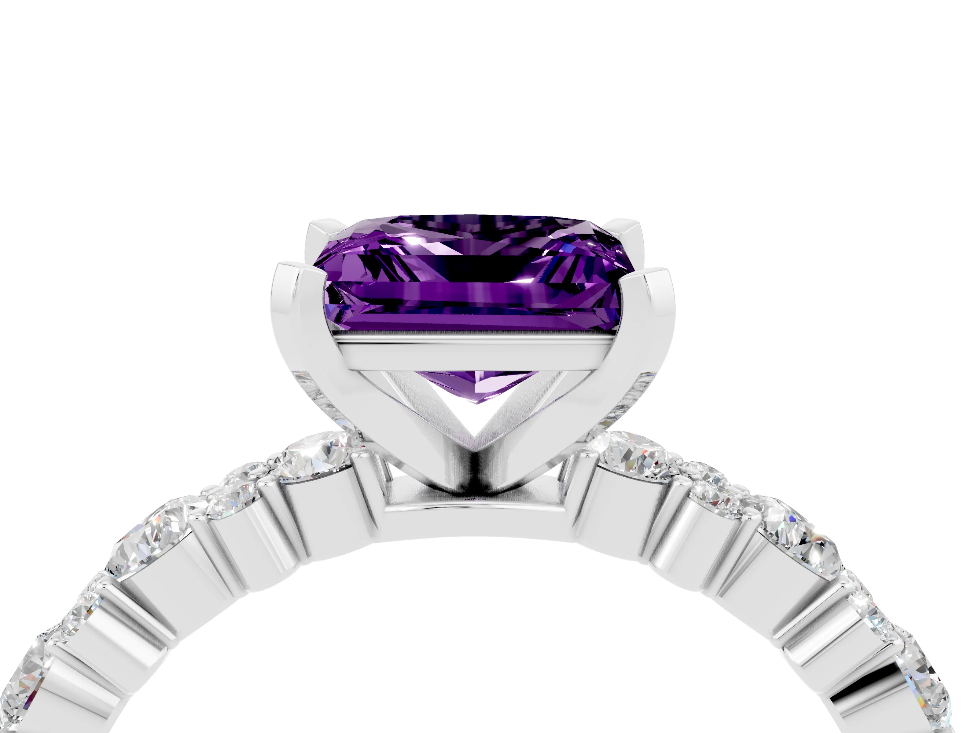 White gold Princess Cut Amethyst Solitaire with Side Stones, Pave Band, Four-Prong Setting_40