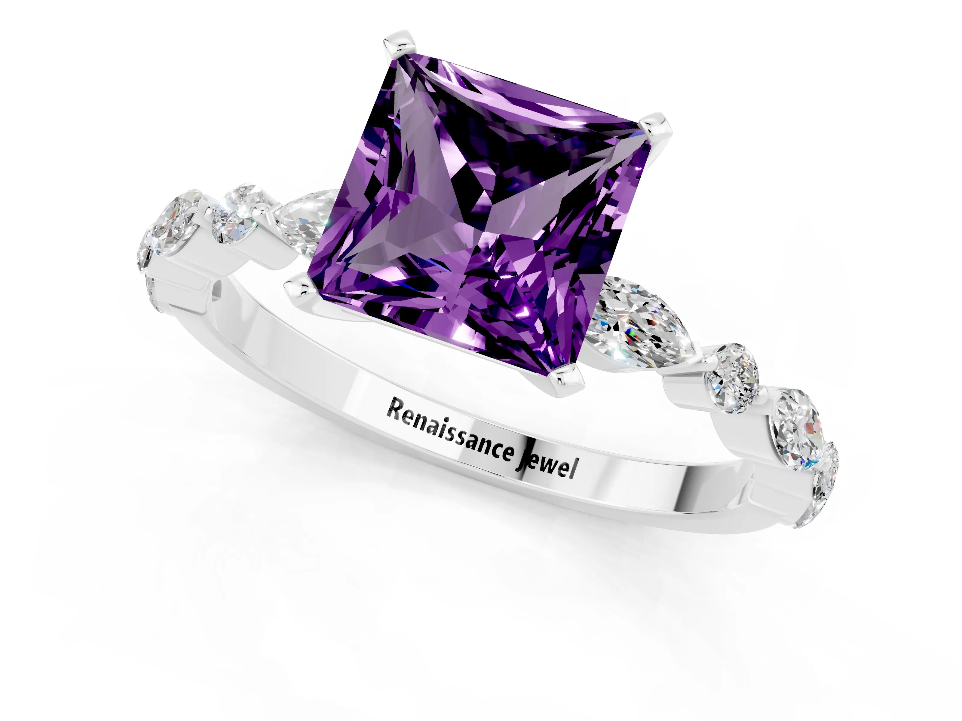 White gold Princess Cut Amethyst Solitaire with Side Stones on a Pavé Band and Four-Prong Setting_1